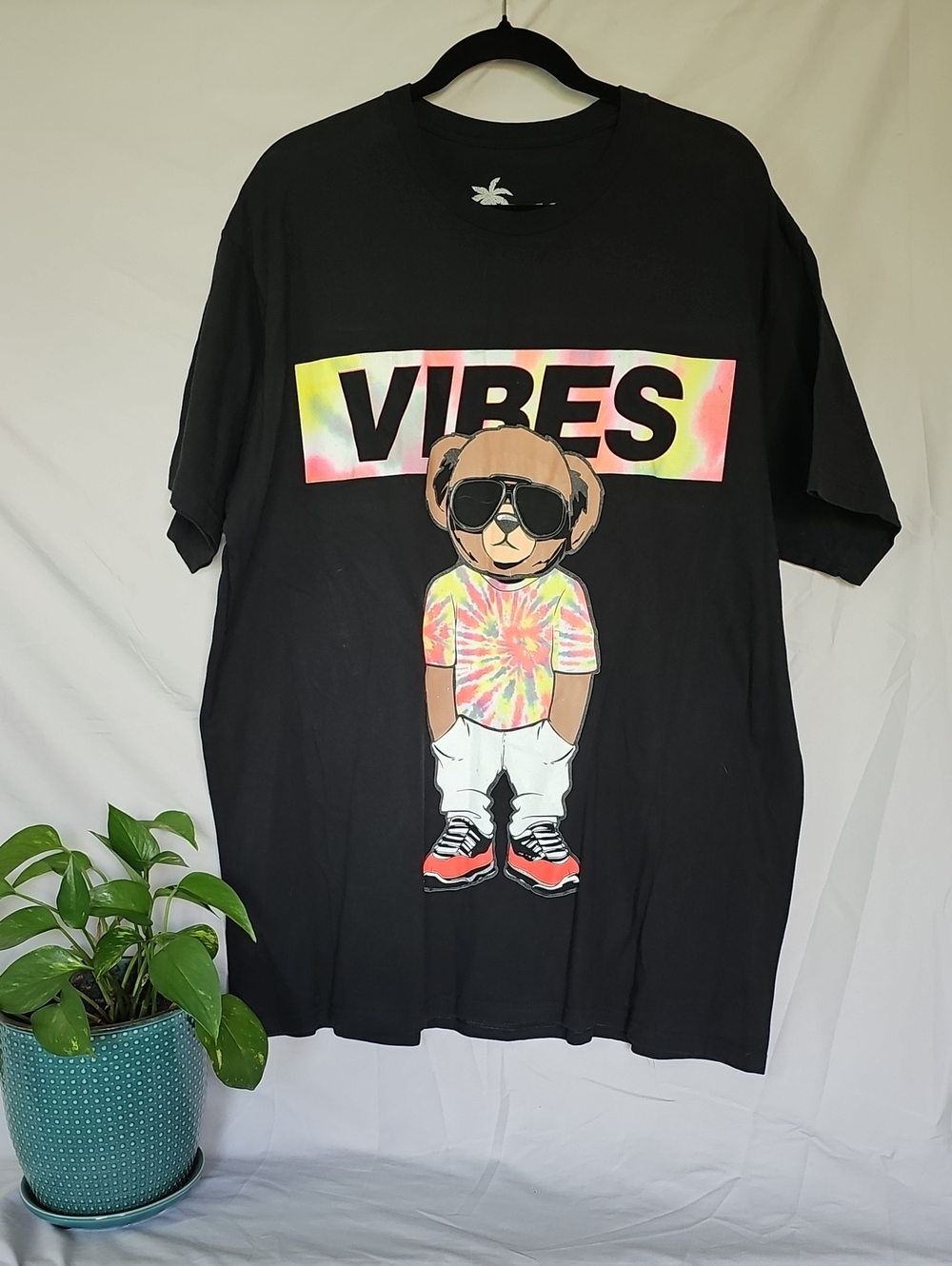 Vibe Black Tee with Tie-Dye Bear Graphic